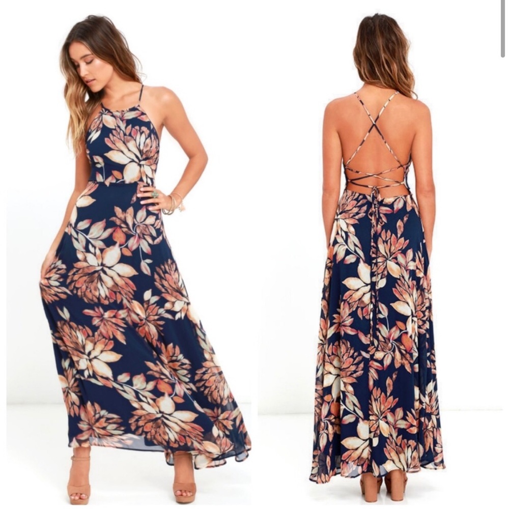Lulu’s Adventure Seeker Navy Blue Floral Print Maxi Dress